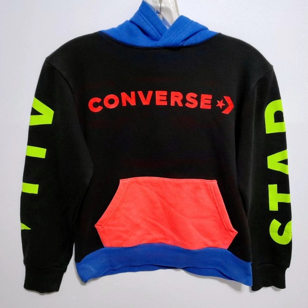 Converse All Star Hoodie Kids Medium Black Neon Logo Pullover Sweatshirt 10-12‎